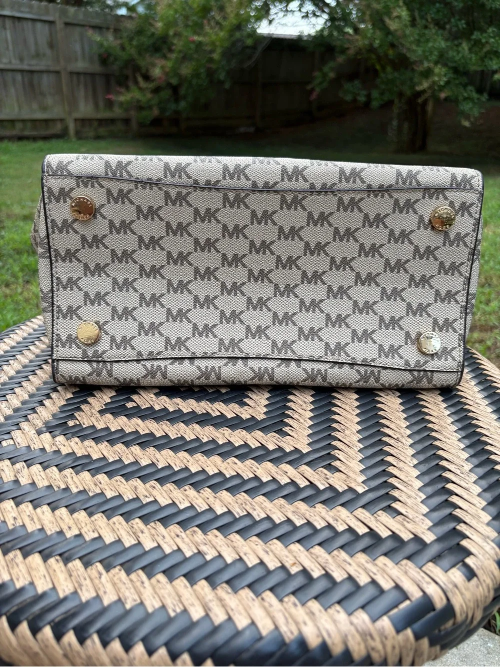 Michael Kors Beige Brown MK Monogram Satchel Top Handle Zip